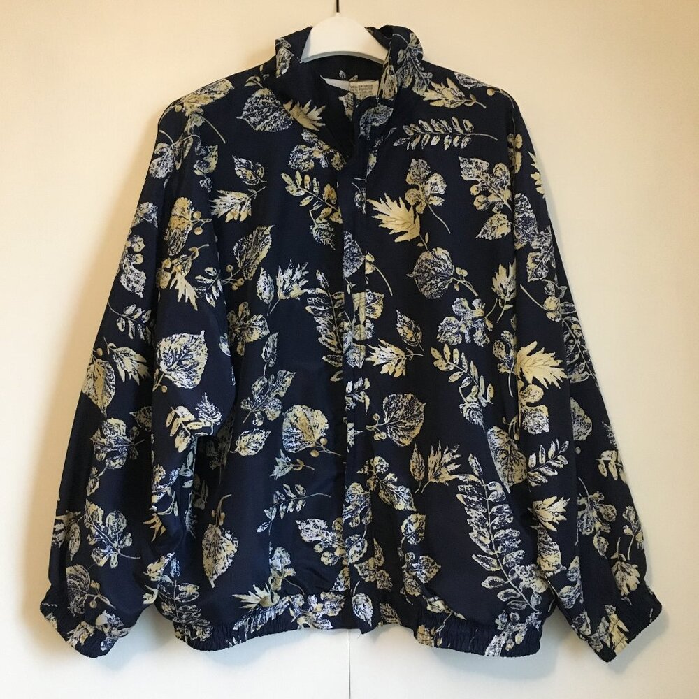 Vintage R&R Sport Navy Blue Botanical Zip Up Bomber Jacket Size 14
